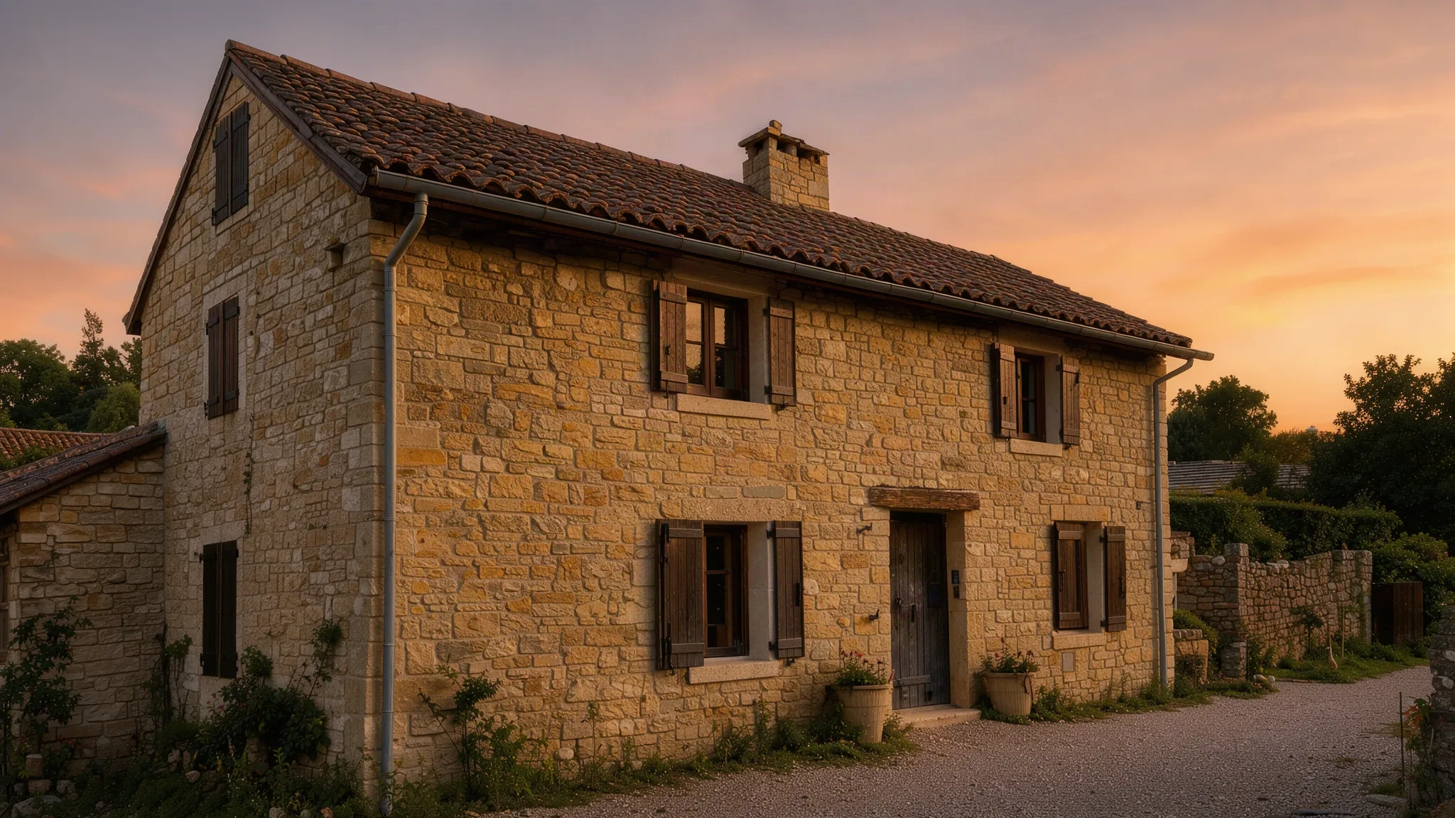 Maison traditionnelle bourguignonne en pierre calcaire au crépuscule