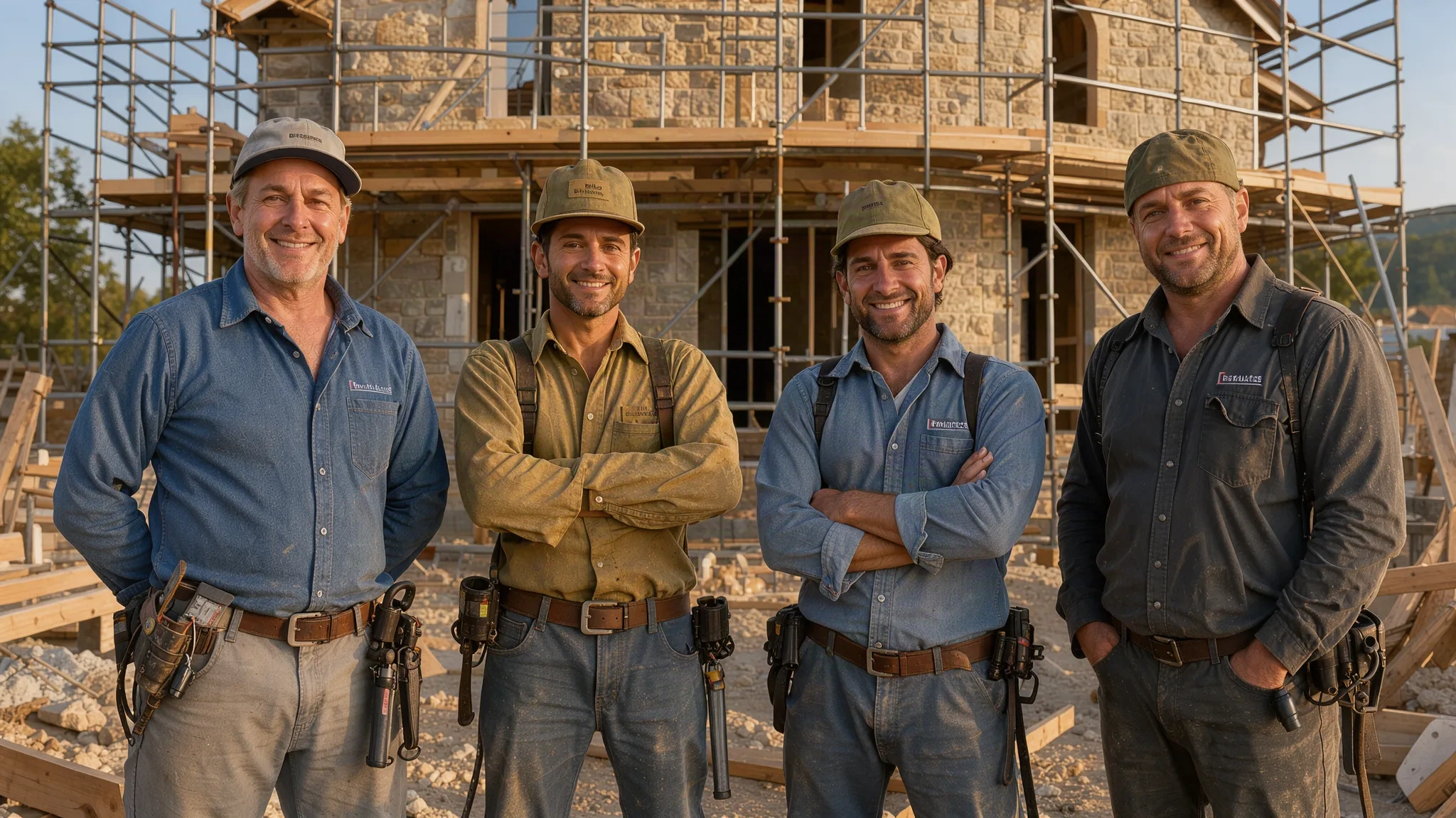 L'équipe LaoBuild posant devant un chantier de rénovation en pierre