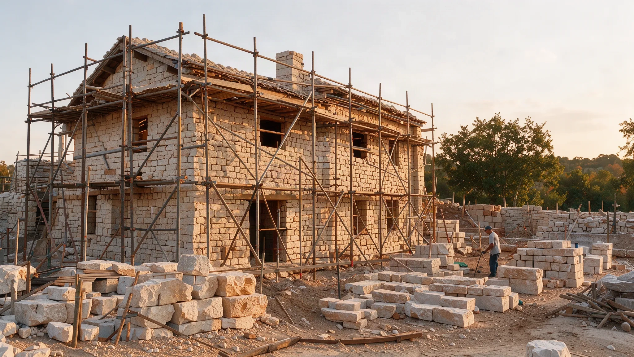 Chantier de construction en cours avec échafaudage et pierre