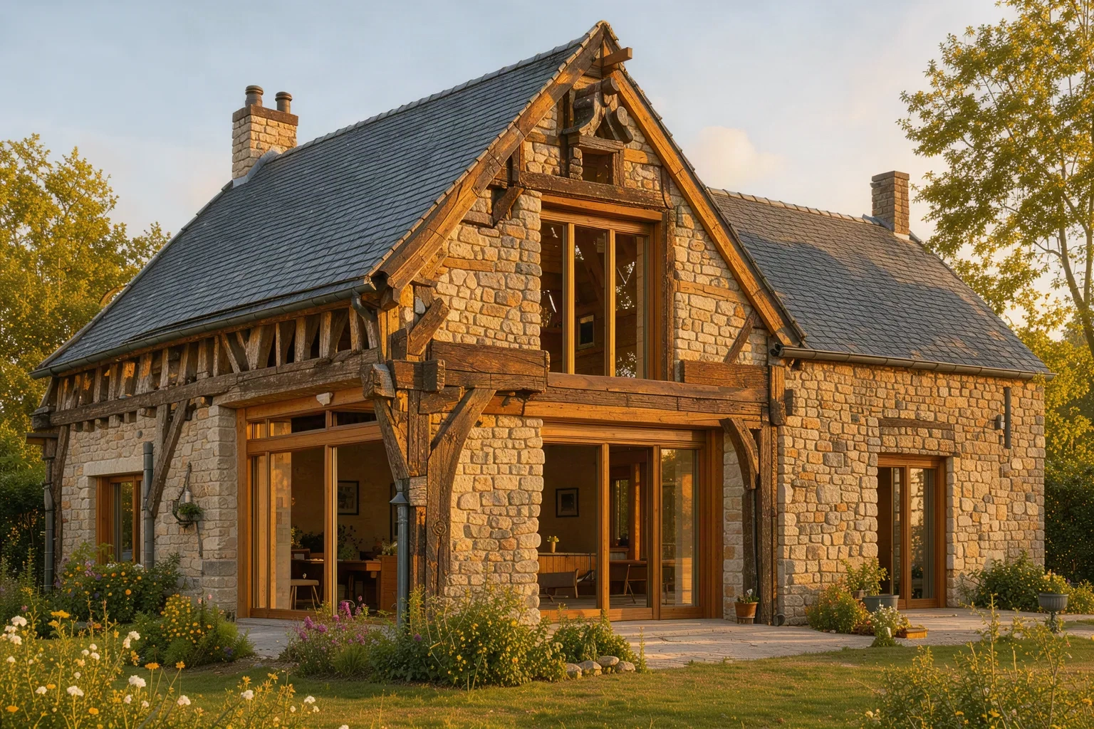 Grange rénovée en habitation, charpente conservée