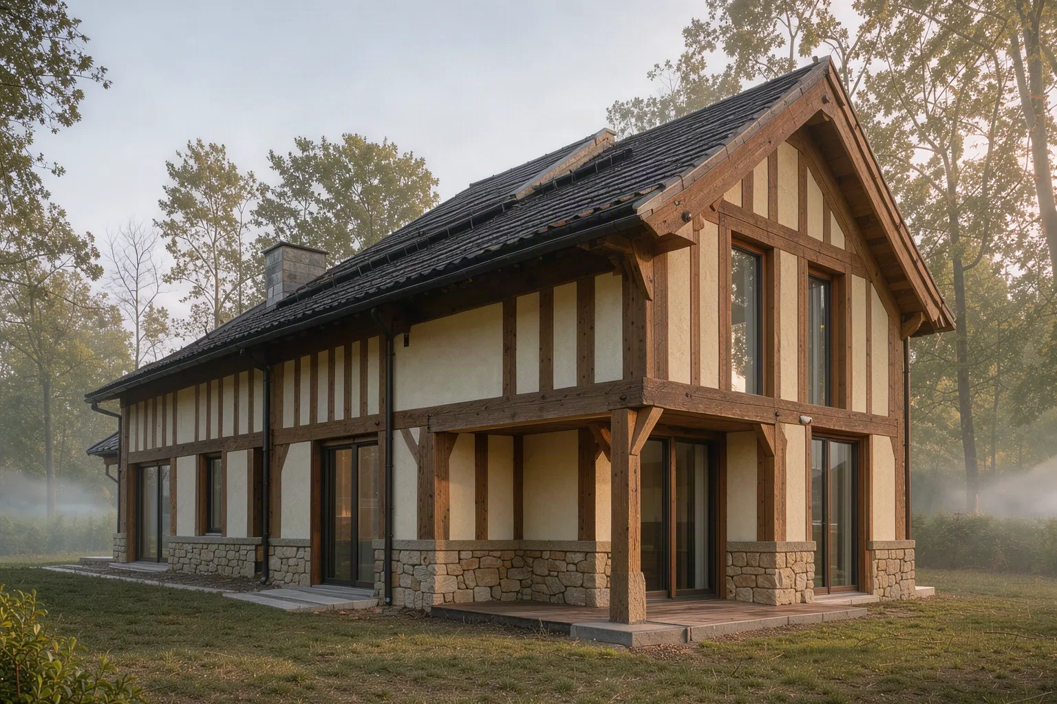 Maison à ossature bois aux enduits de chaux en lisière de forêt