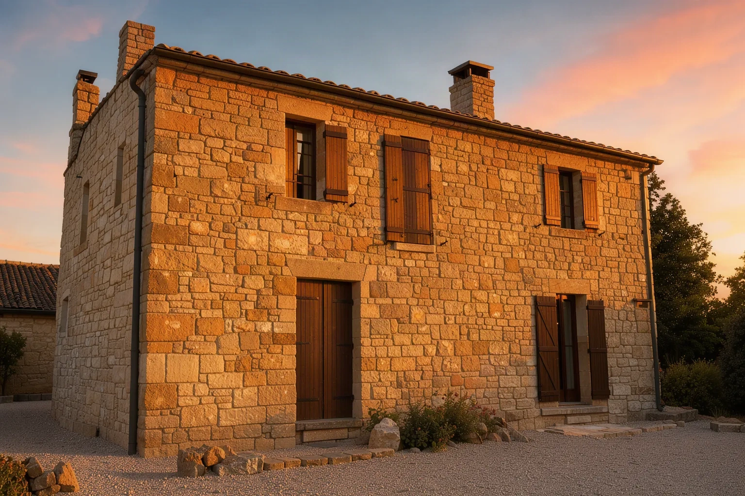 Maison en pierre achevée au coucher du soleil