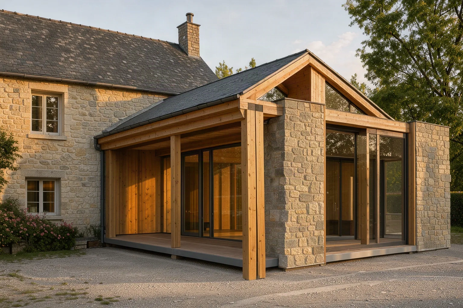 Extension en bois et pierre accolée à une maison ancienne