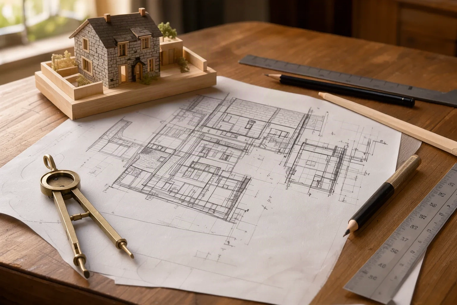Plans dessinés à la main et maquette en bois d'une maison