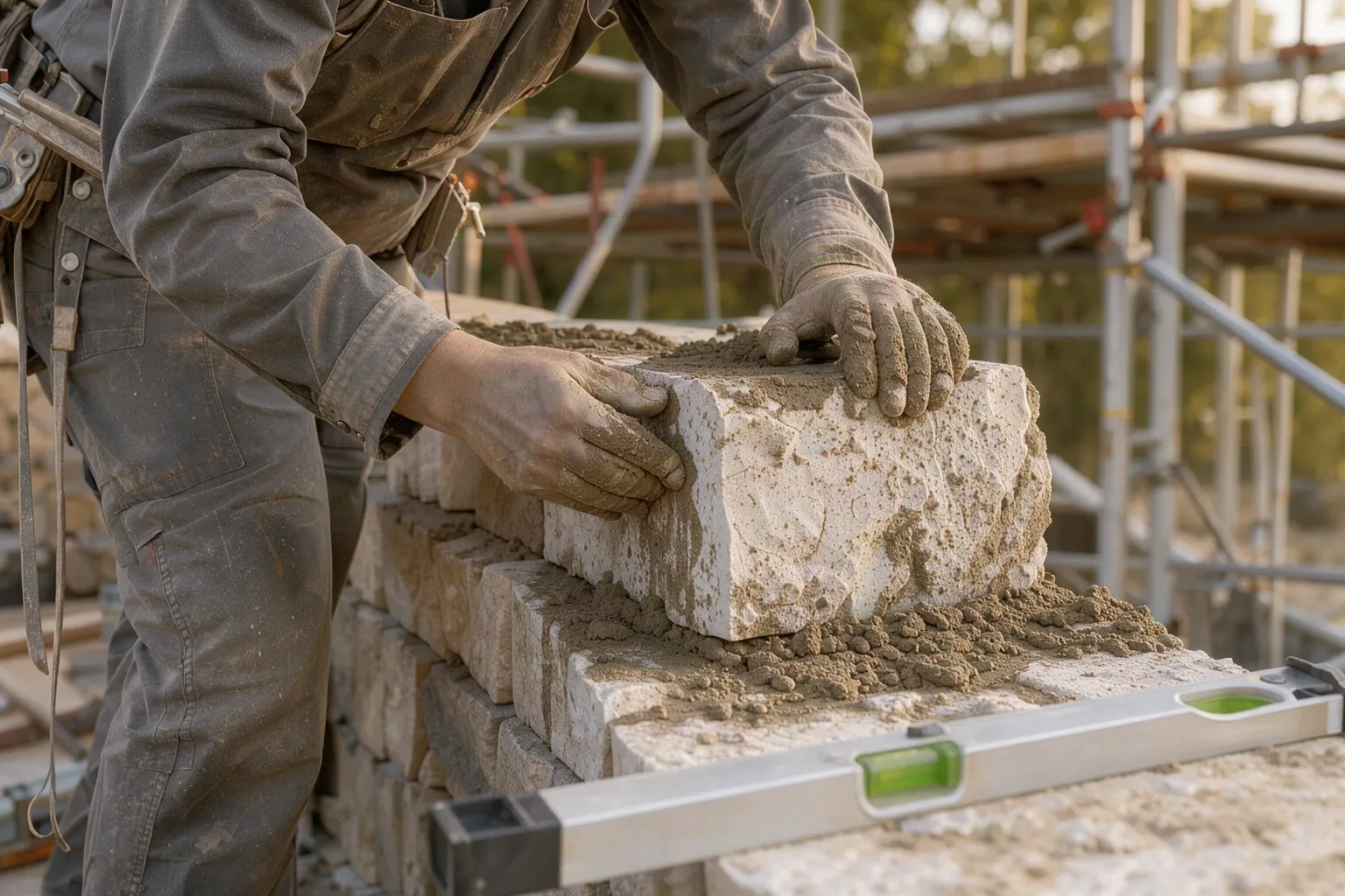 Maçon montant un mur en pierre calcaire