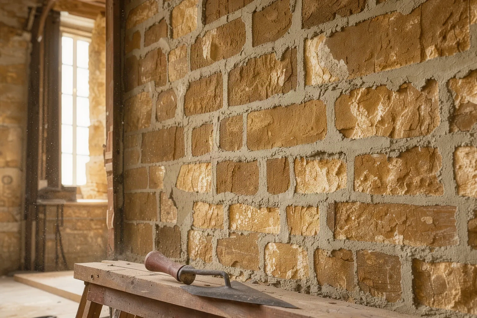 Mur ancien restauré avec enduit de chaux